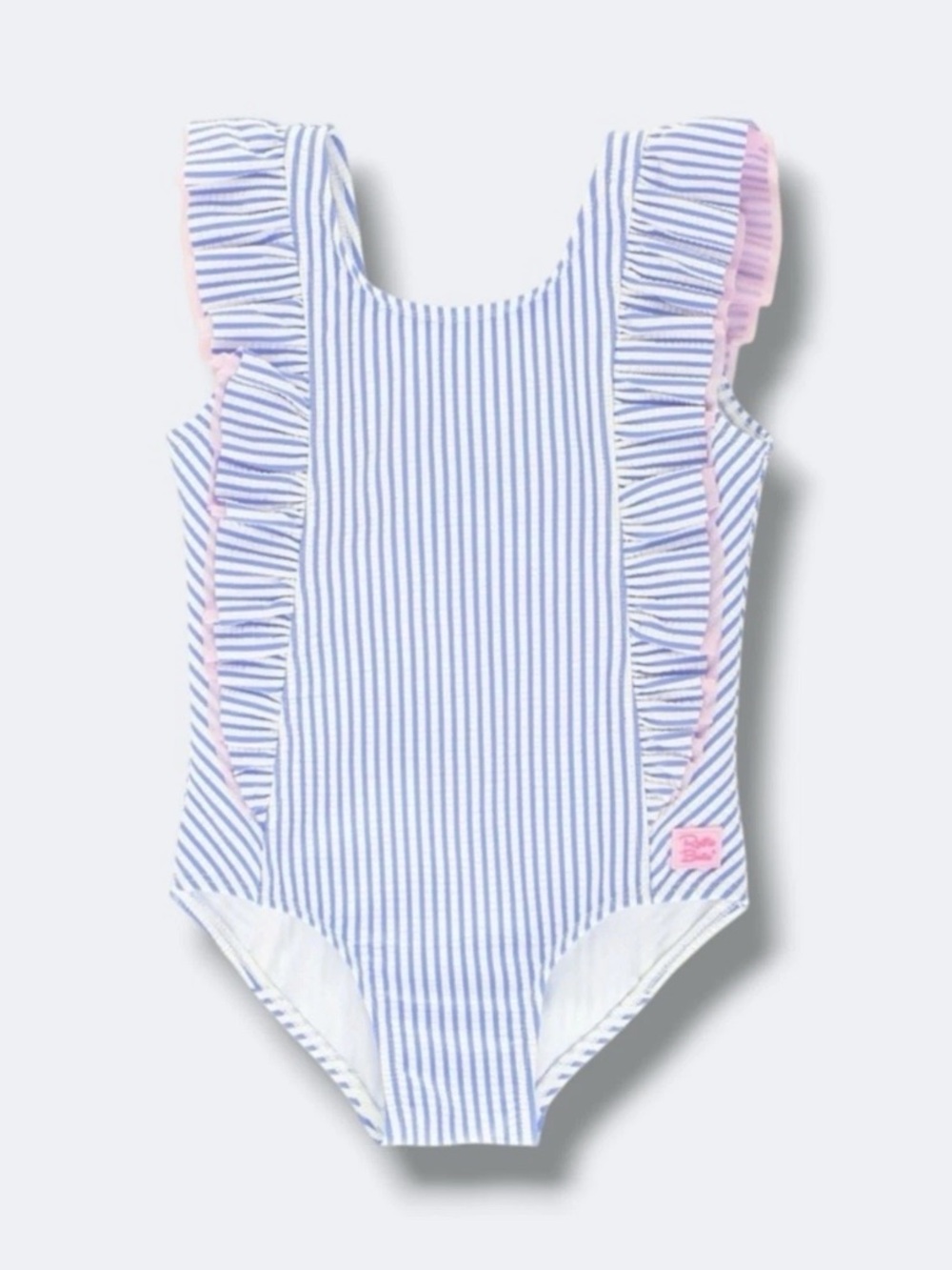 RuffleButts Periwinkle Blue Seersucker Waterfall Swimsuit